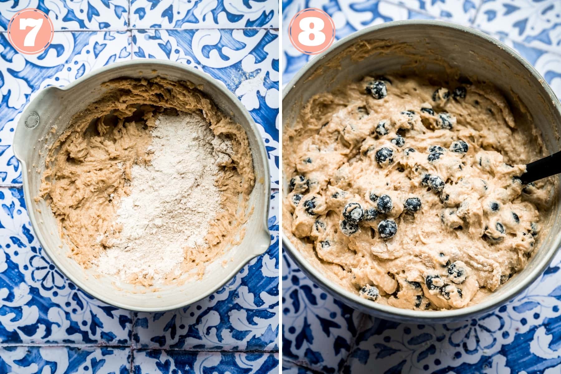 before and after adding blueberries to homemade muffin mix. 