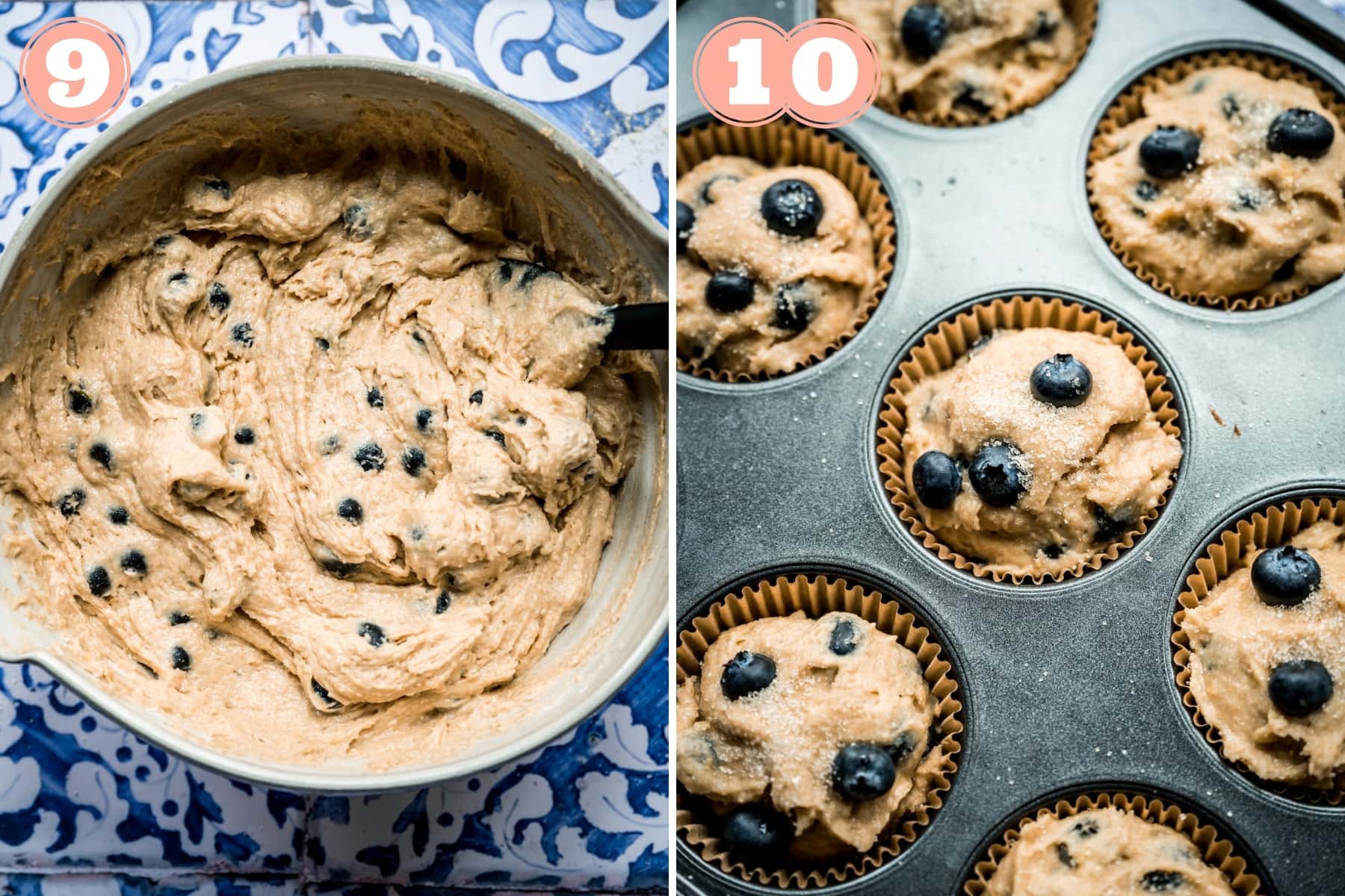 on the left: vegan blueberry muffin batter in mixing bowl. On the right: unbaked muffins in muffin tins. 