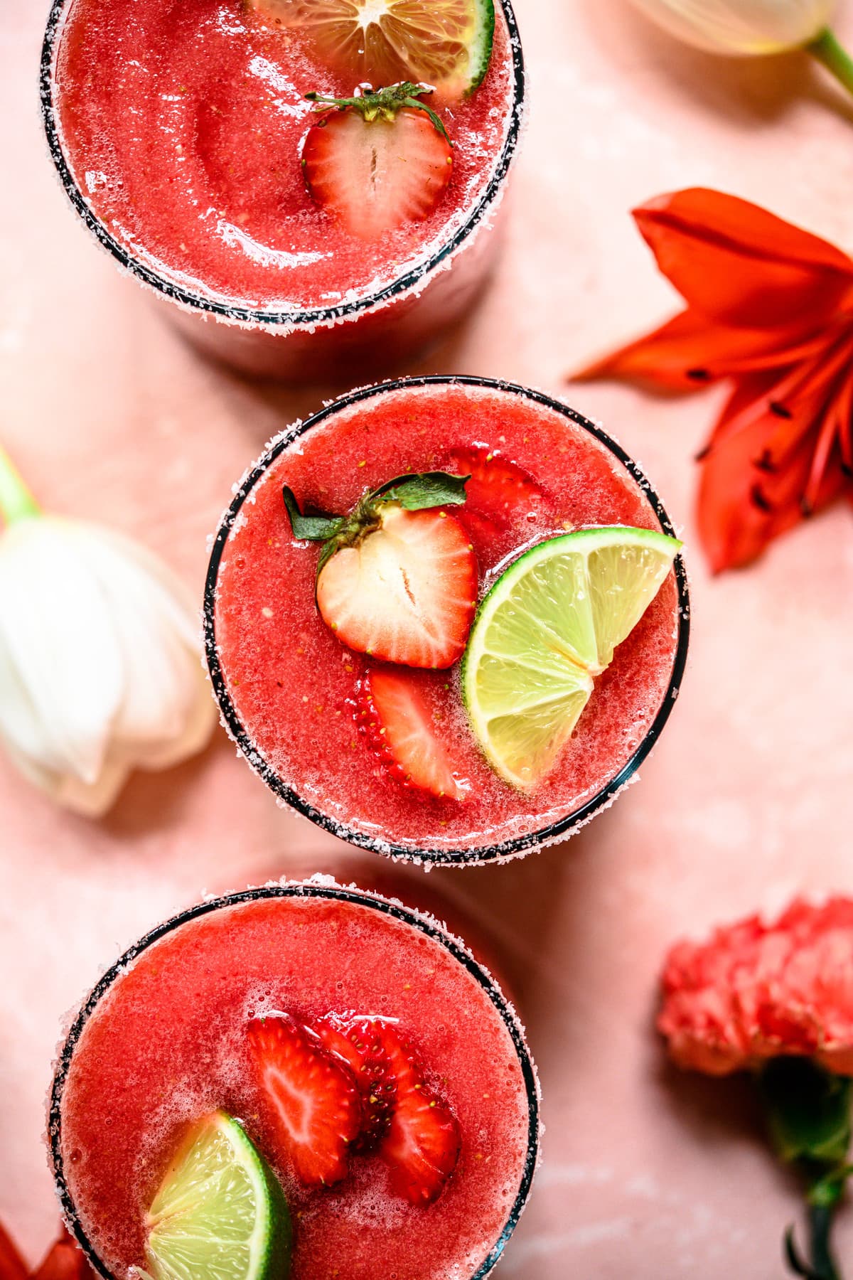 overhead view of frozen watermelon margaritas