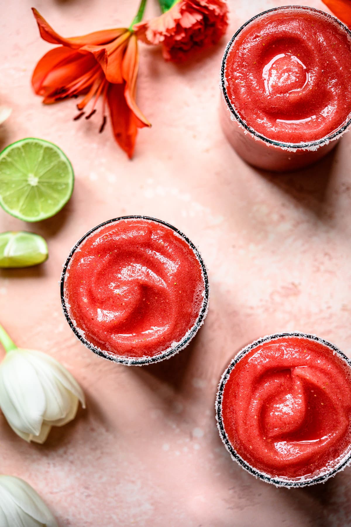 overhead view of frozen watermelon margaritas