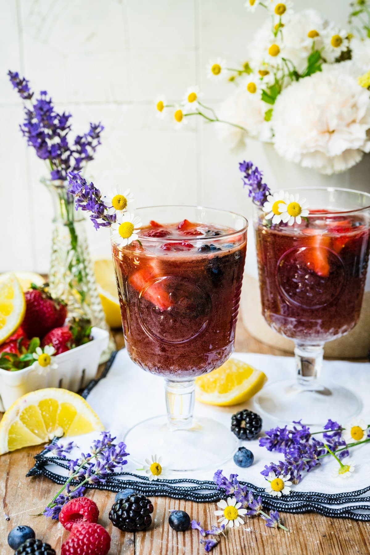 Front view of two glasses of berry sangria.