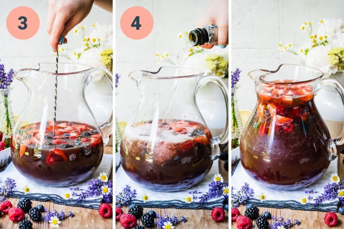 Left: stirring sangria, middle: pouring in sparkling wine. Right: finished sangria.