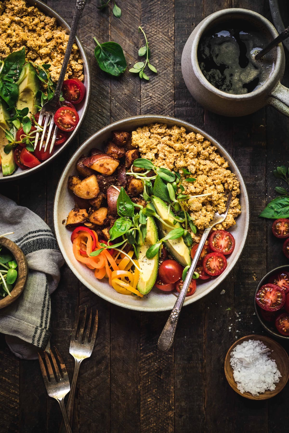 overhead view of high protein savory vegan breakfast bowl with scrambled tofu