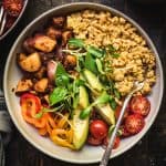 close up overhead view of savory vegan breakfast bowl