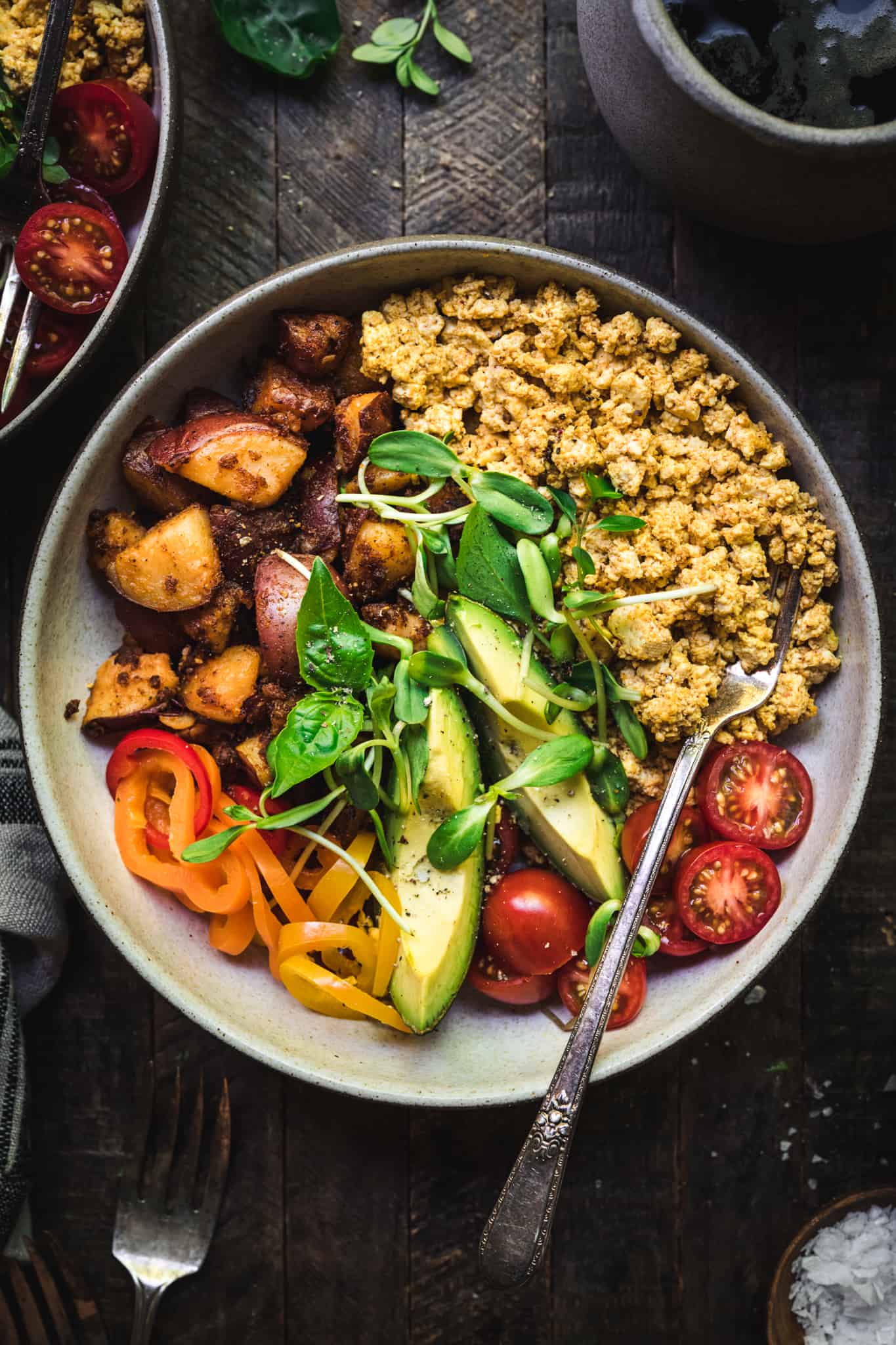 close up overhead view of savory vegan breakfast bowl