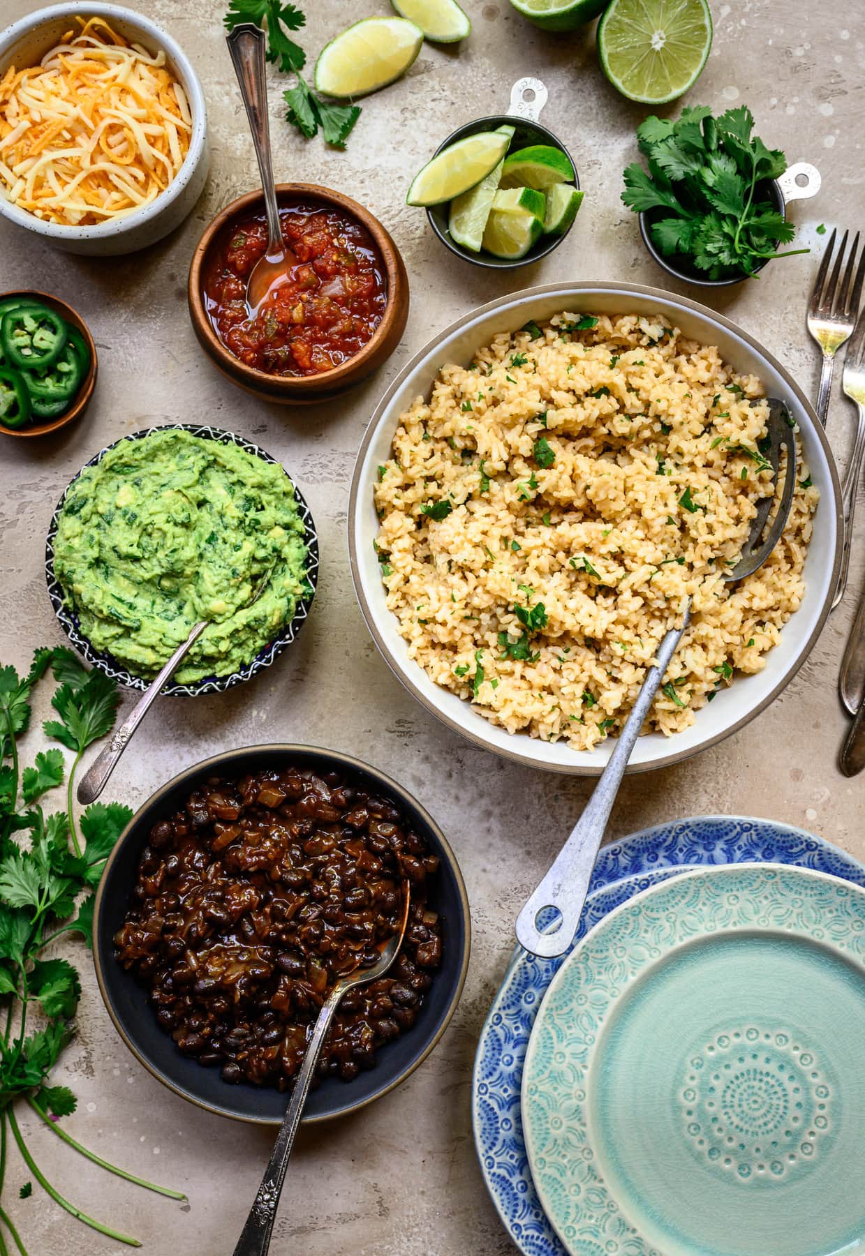 Overhead view of vegan burrito bowl fillings in various sized bowls on rustic background