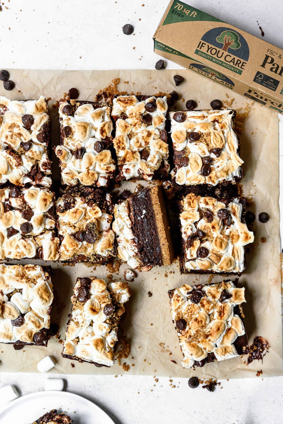 Overhead view of vegan and gluten free s'mores brownies on parchment paper