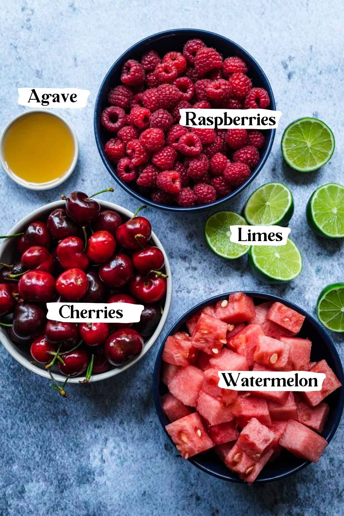 overhead view of ingredients for watermelon berry popsicles. 