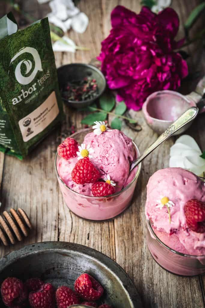 Overhead side view of raspberry green tea ice cream