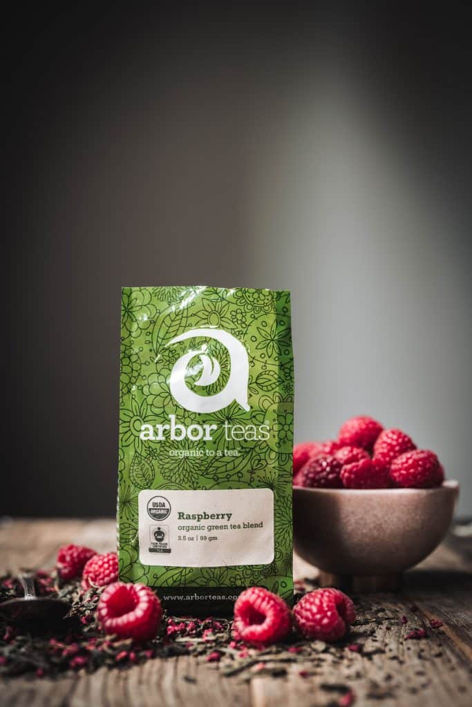 Side view of Arbor Teas Raspberry Green Tea