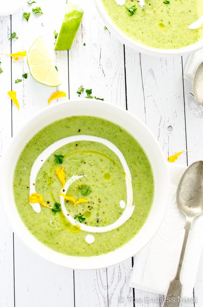 overhead of dairy free green gazpacho with vegan yogurt swirl