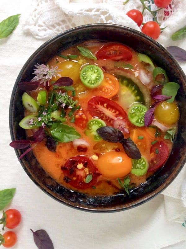 overhead of vegan tomato gazpacho, one of the best vegan chilled soups