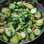 Overhead view of aisan cucumber salad in a bowl