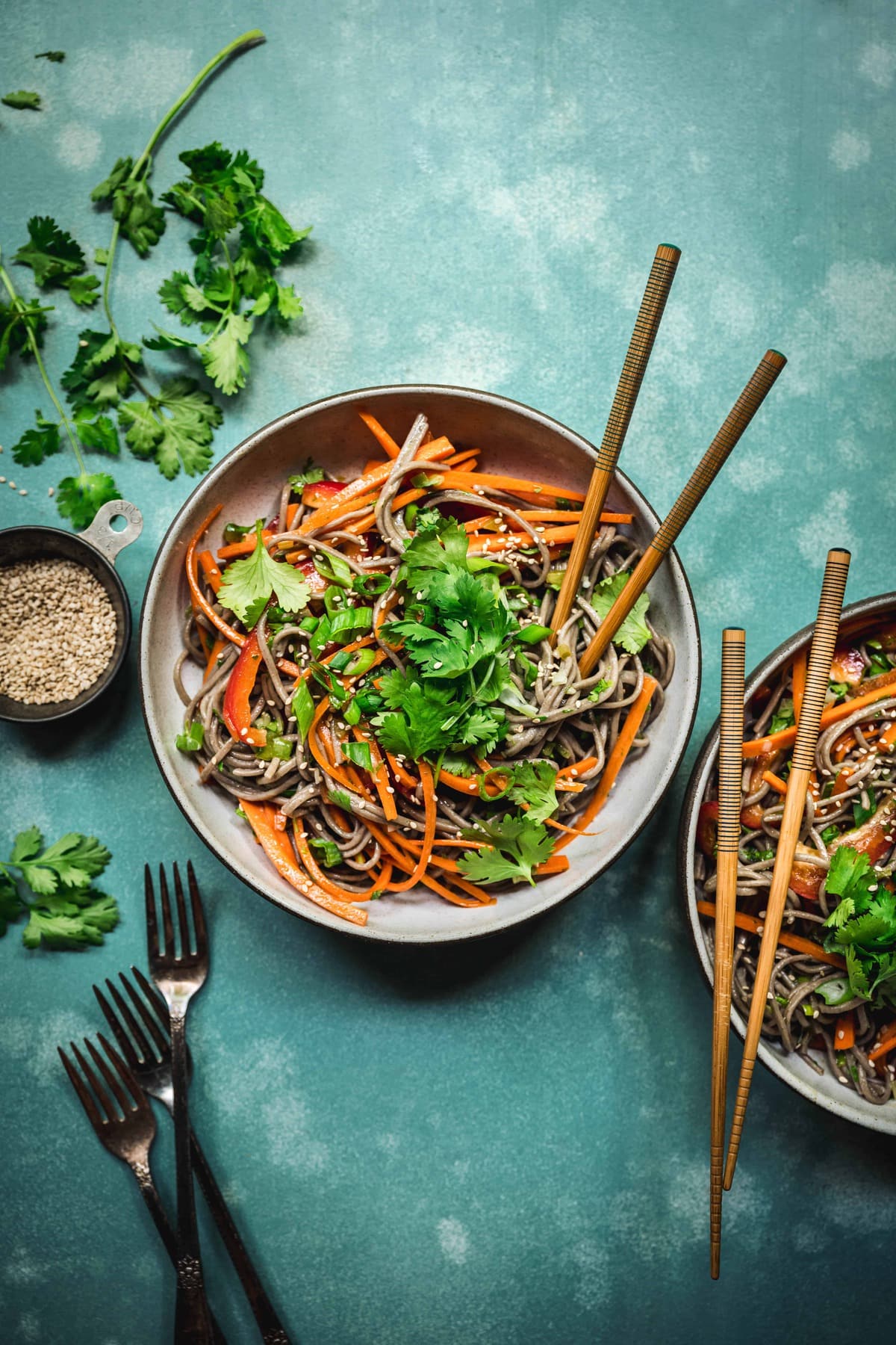 overhead of soba noodle salad with citrus scallion dressing on a teal background