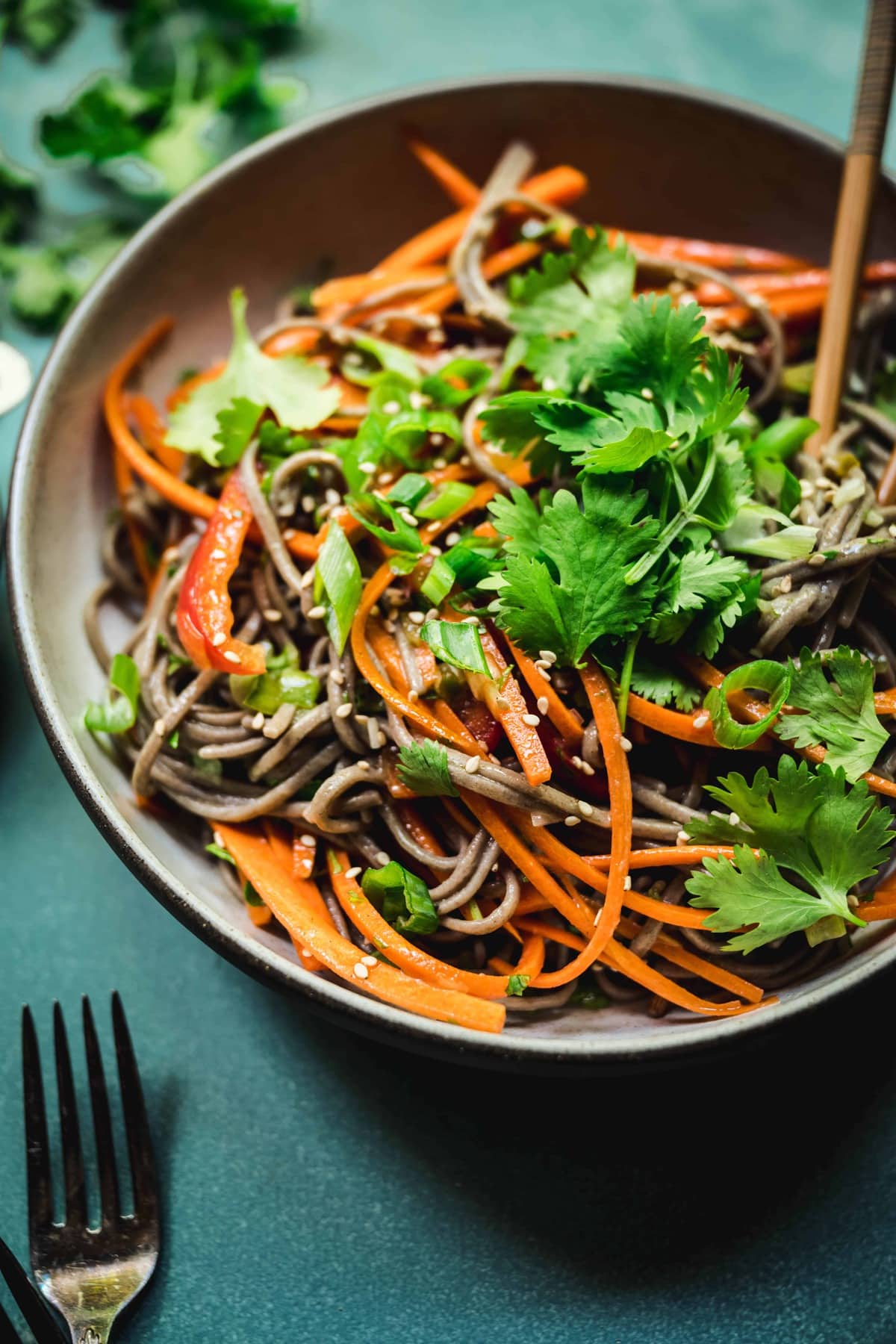 45 degree angle of cold gluten free soba noodle salad with fresh cilantro