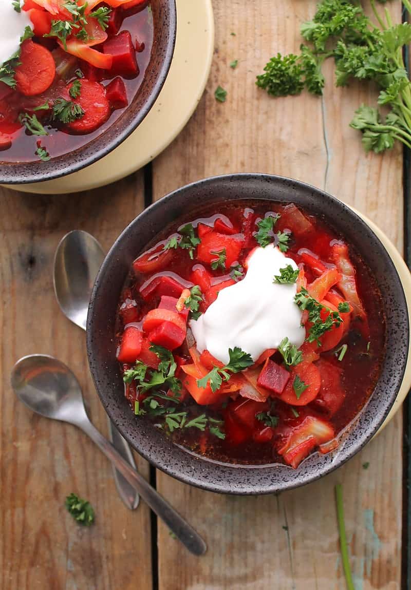 overhead of dairy free vegan borscht one of the best chilled vegan soups