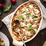 overhead view of vegan pasta bake with vegan cheese