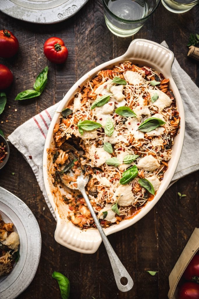 overhead view of vegan pasta bake with vegan cheese
