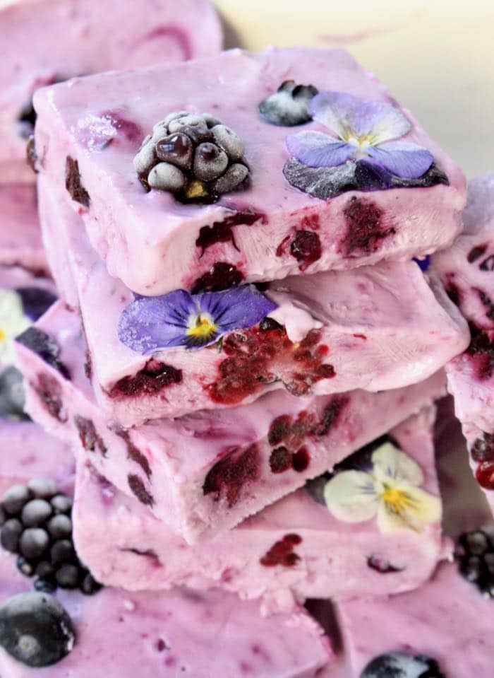 vegan blueberry yogurt bark with edible flowers