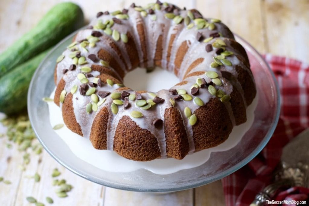 45 degree overhead of gluten free zucchini cake with glaze from the soccer mom blog