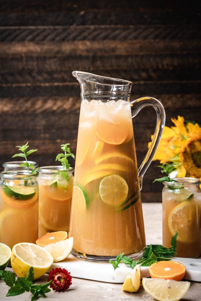 side view of large pitcher filled with long island iced tea (cola free)