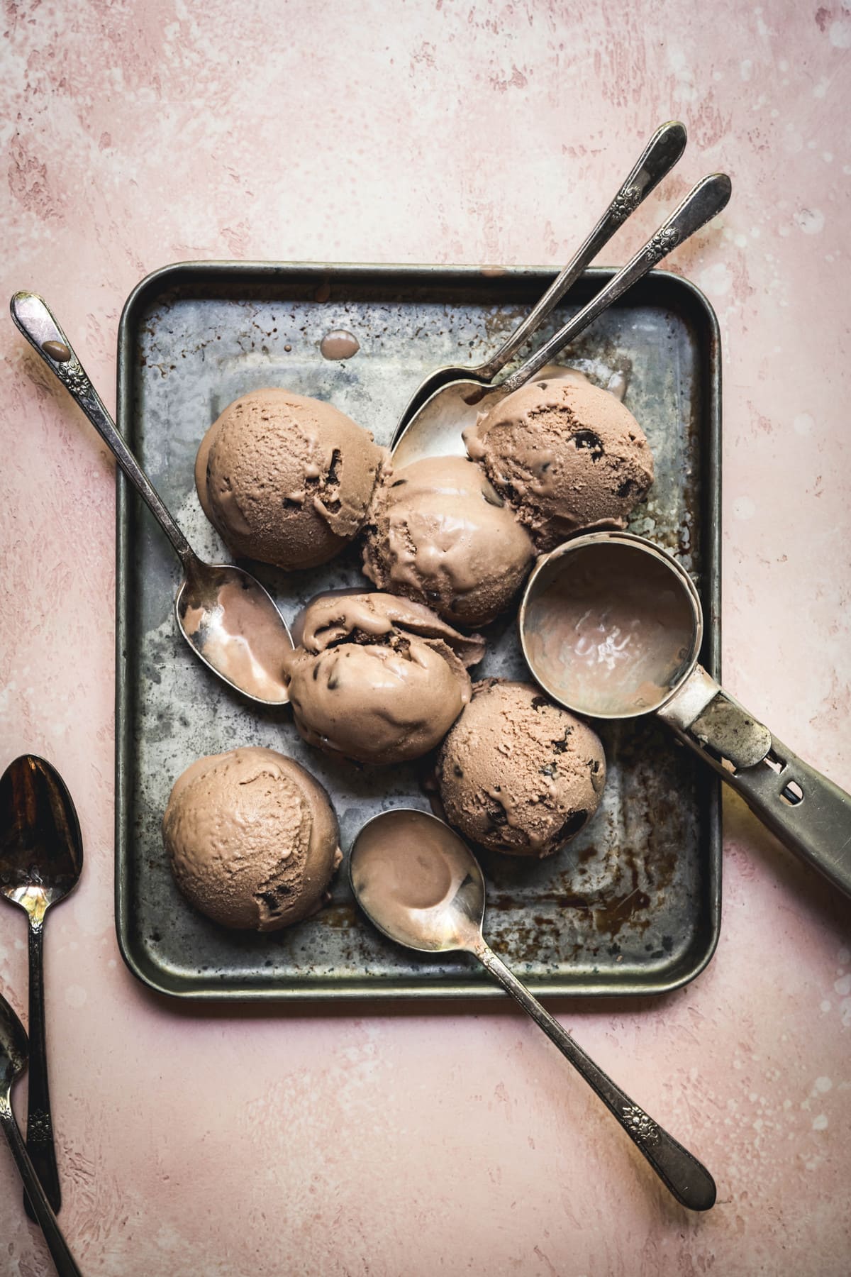 overhead of vegan mocha ice cream scoops on a tray