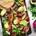 overhead of portobello mushroom sheet pan dinner
