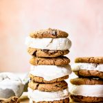 Side view of vegan ice cream sandwiches with pink background