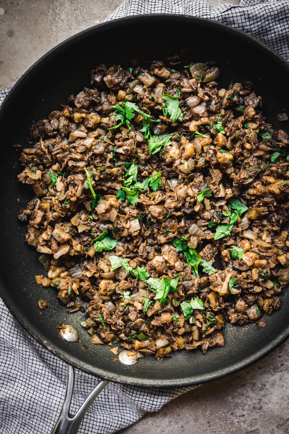 overhead of vegan taco filling in a saute pan