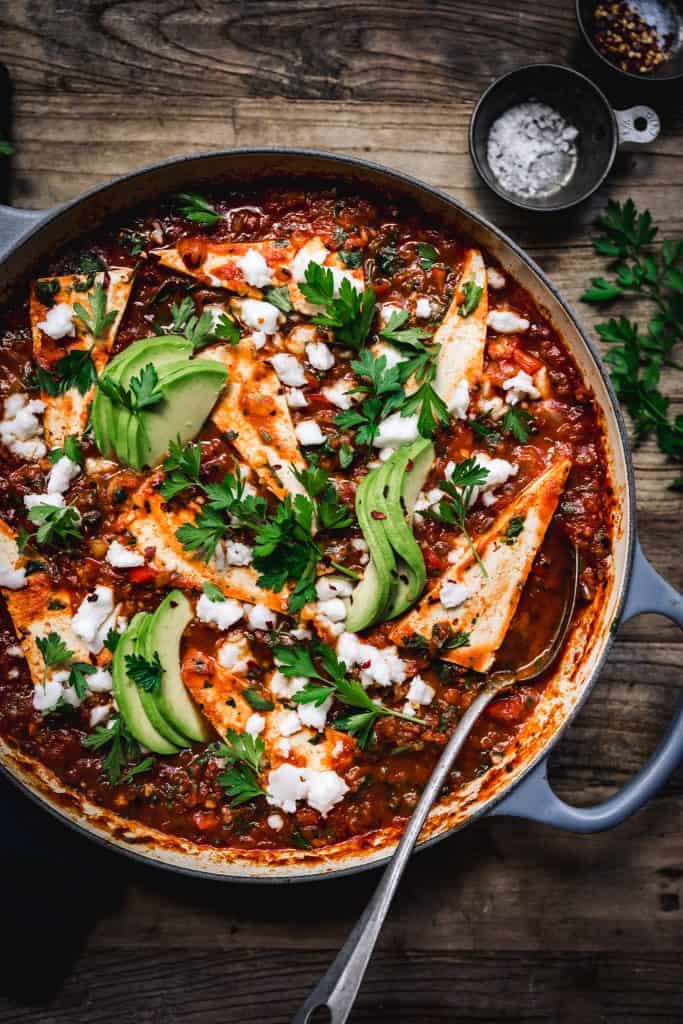 overhead of a baking dish with vegan shakshuka