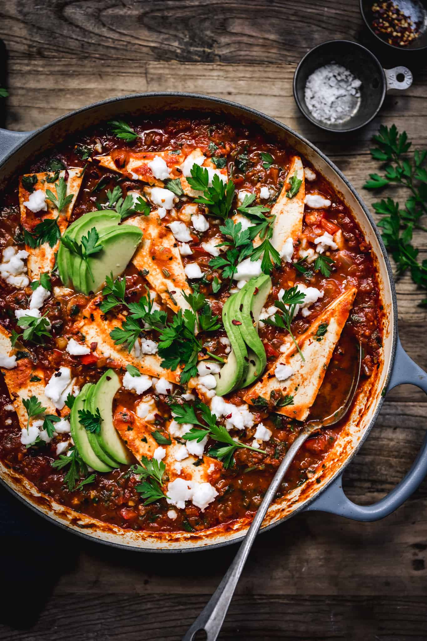 overhead of a baking dish with vegan shakshuka