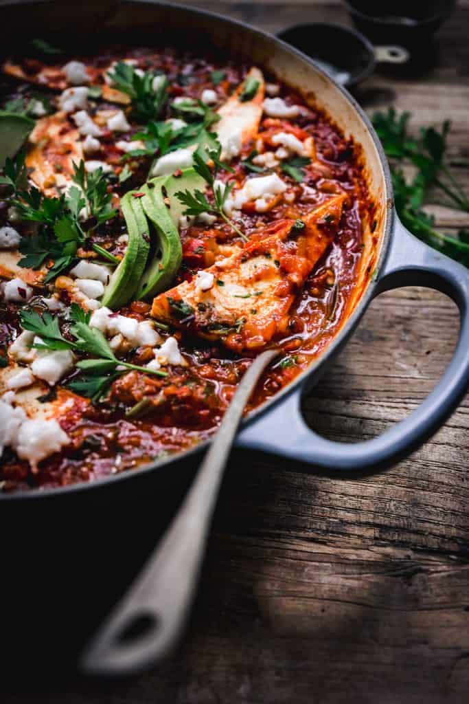 45 degree angle of vegan shakhuka in a large baking dish