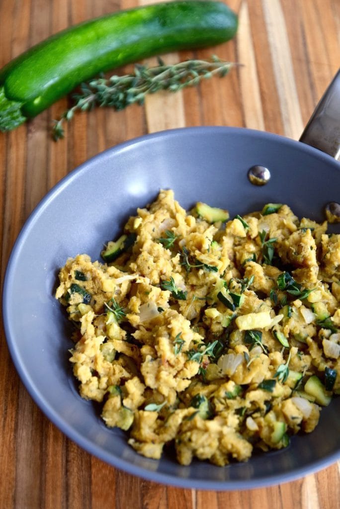 45 degree overhead of savory chickpea scramble with zucchini