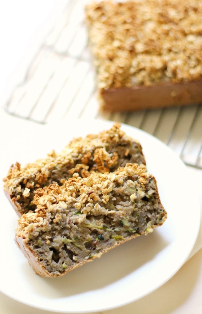 overhead of gluten free and vegan zucchini bread with maple oat crumble
