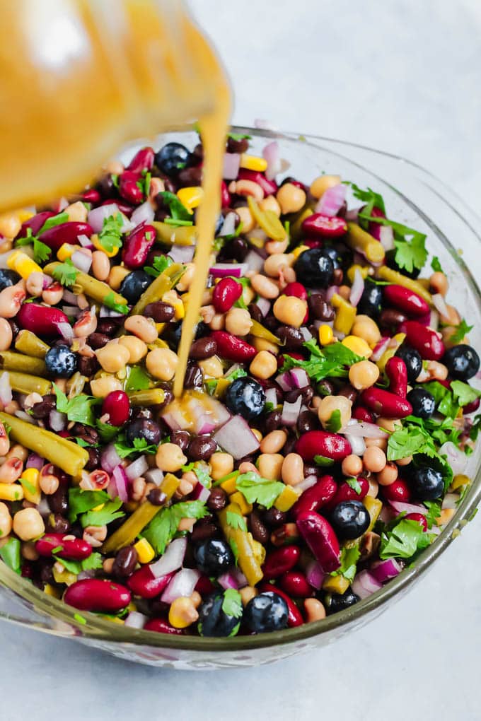 overhead of vegan blueberry five bean salad from emilie eats