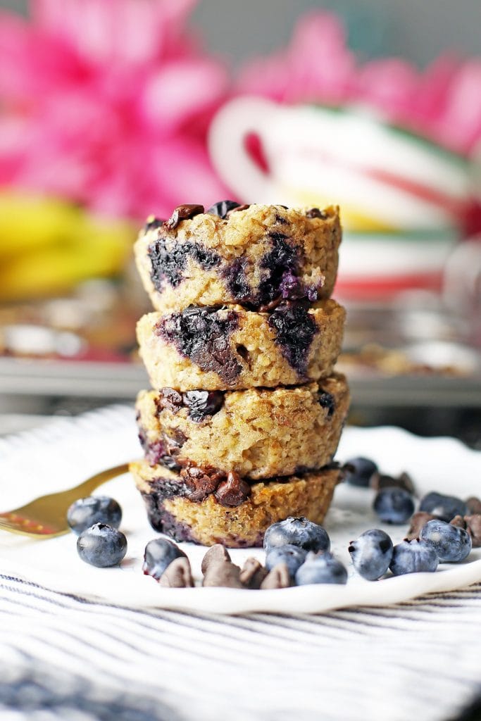 side view of a stack of blueberry oatmeal cups