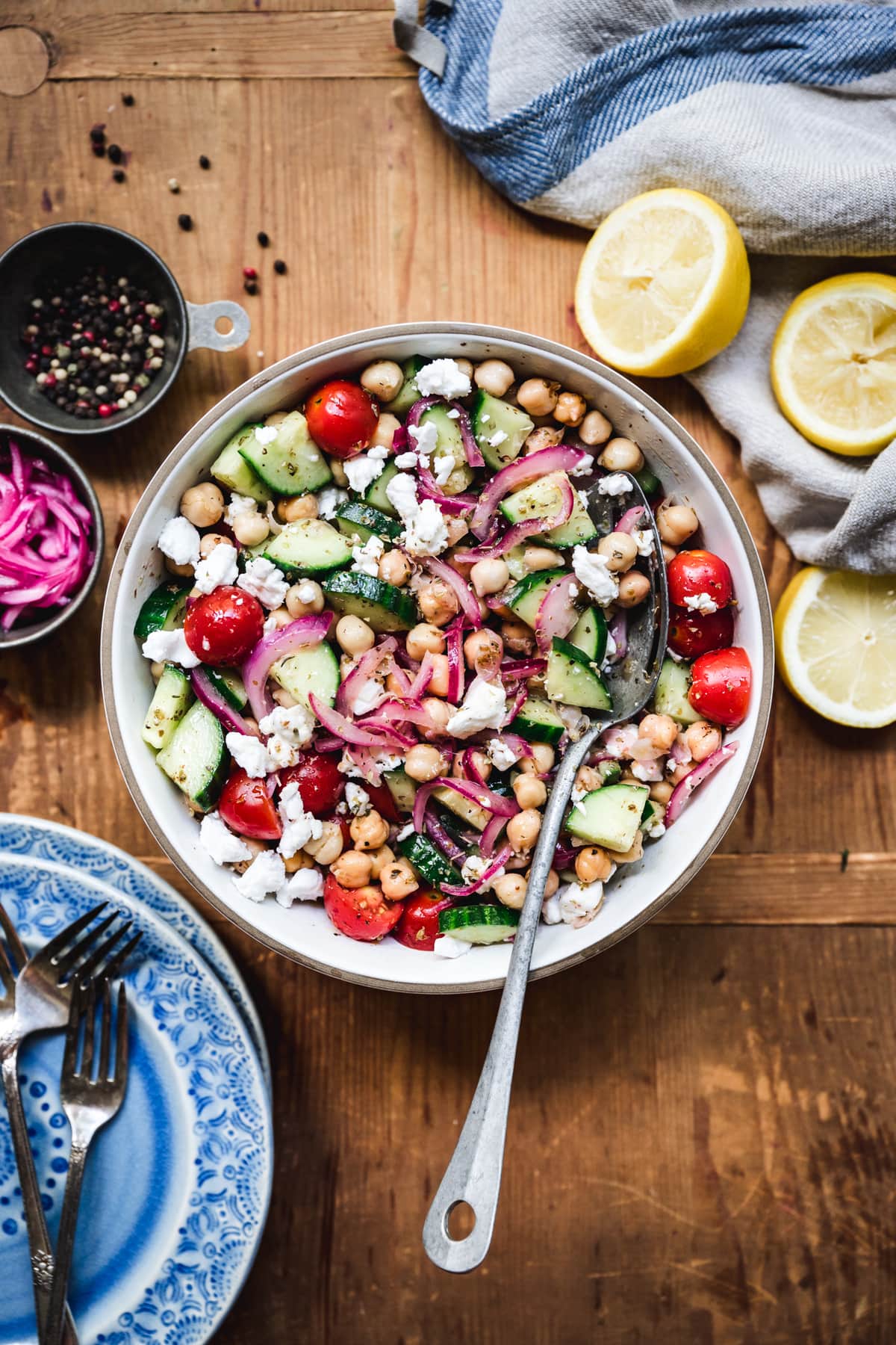 overhead of chickpea cucumber salad in a serving bowl