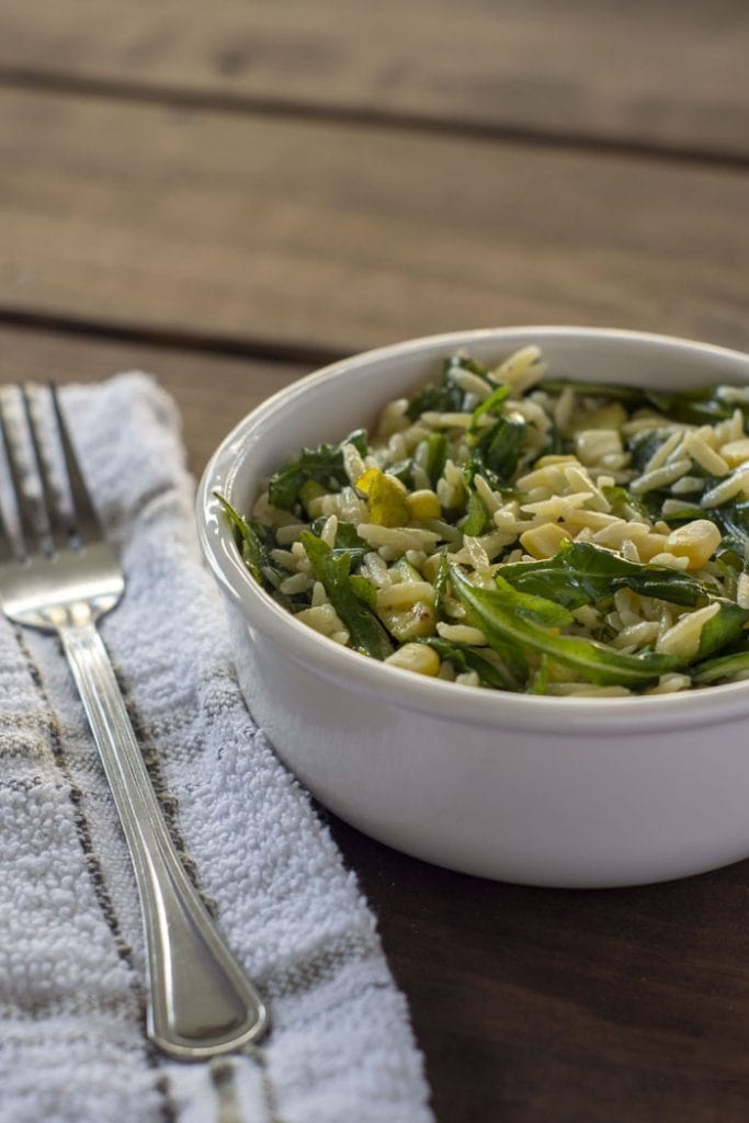 45 degree overhead of grilled summer orzo salad