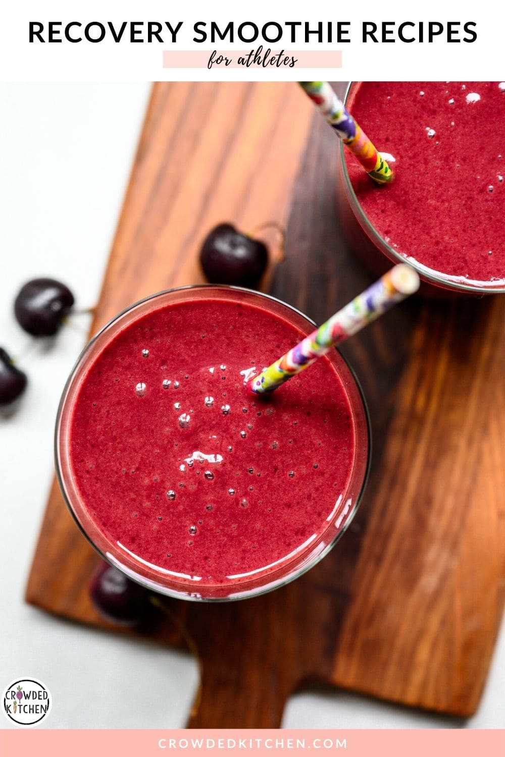 side view of two glasses of tart cherry dark chocolate recovery smoothie