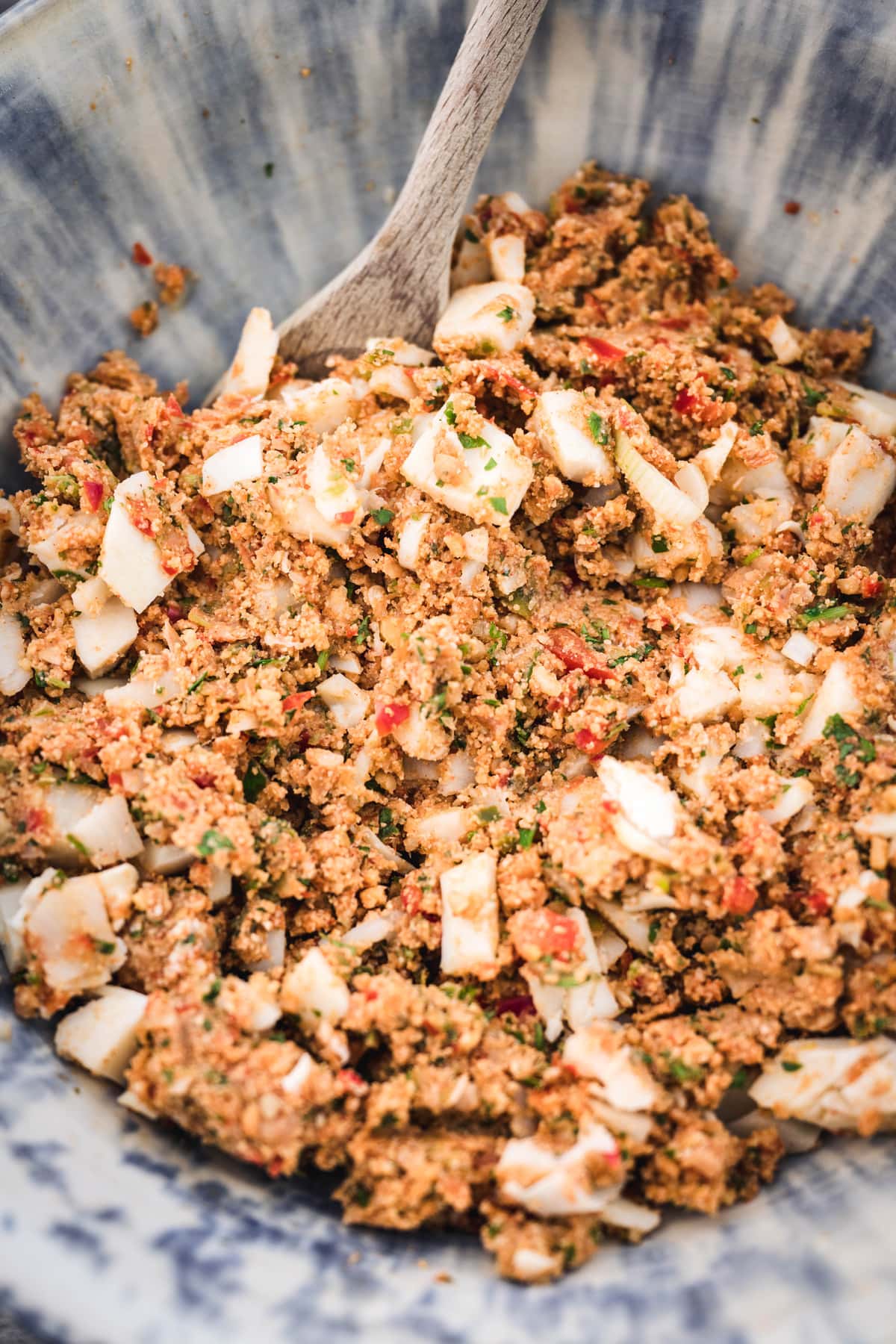 overhead of vegan crab cake mixture with hearts of palm