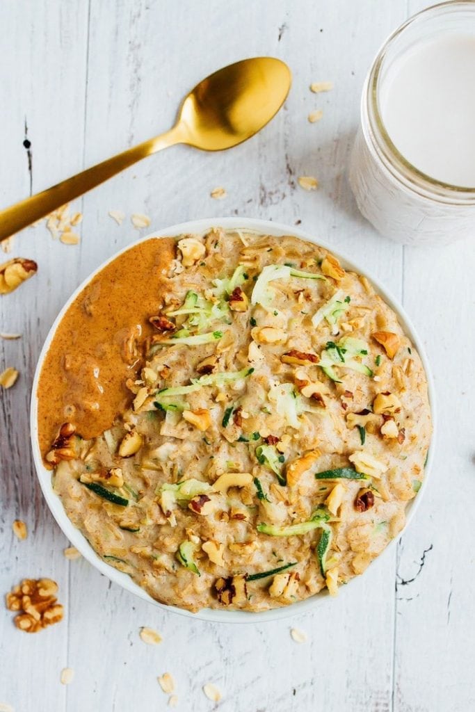 overhead of creamy zucchini bread oatmeal