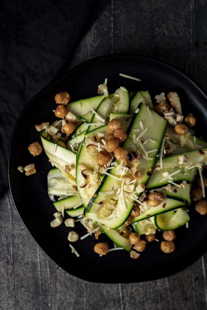 overhead of raw zucchini salad with chickpeas from went there 8 this