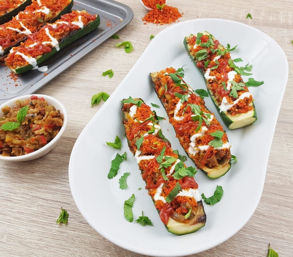 45 degree angle of vegetarain stuffed zucchini boats from flavours treat
