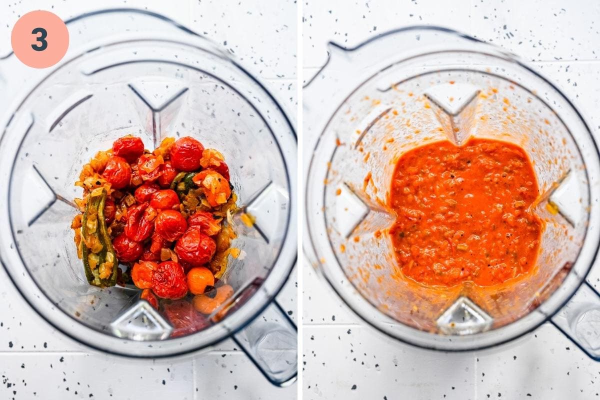 Before and after blending cherry tomato salsa ingredients in a blender.