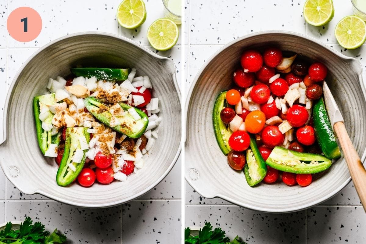 Before and after stirring together ingredients for cherry tomato salsa in large bowl. 