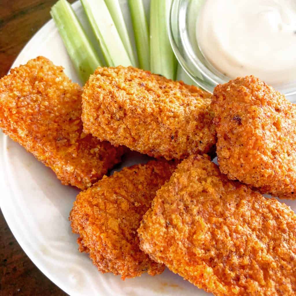 overhead of crispy air fried buffalo tofu for game day eating