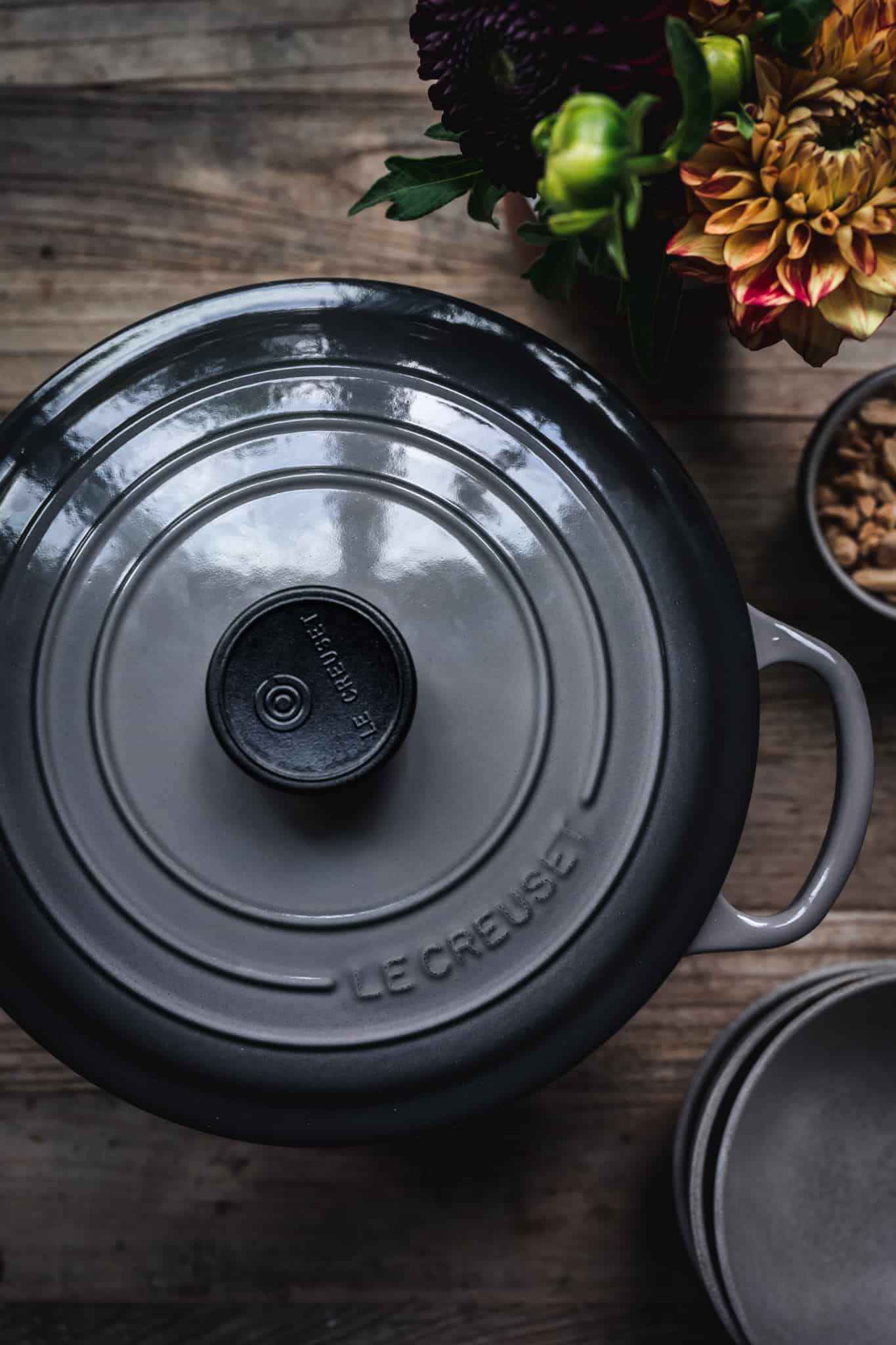 overhead view of beautiful le creuset dutch oven