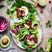 overhead view of vegan taco lettuce wraps on a platter