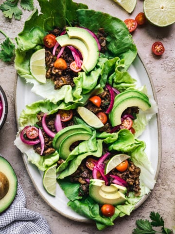 overhead view of vegan taco lettuce wraps on a platter