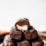Side view of a large stack of homemade gluten free and vegan twix bars